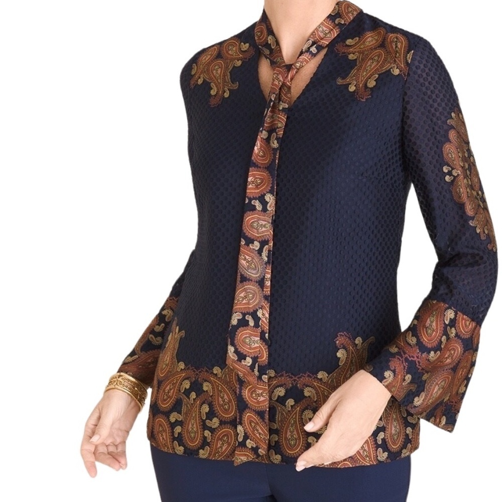 Chico's Navy Blue Petite Paisley Dot Tie-Detail Pullover, Size 00